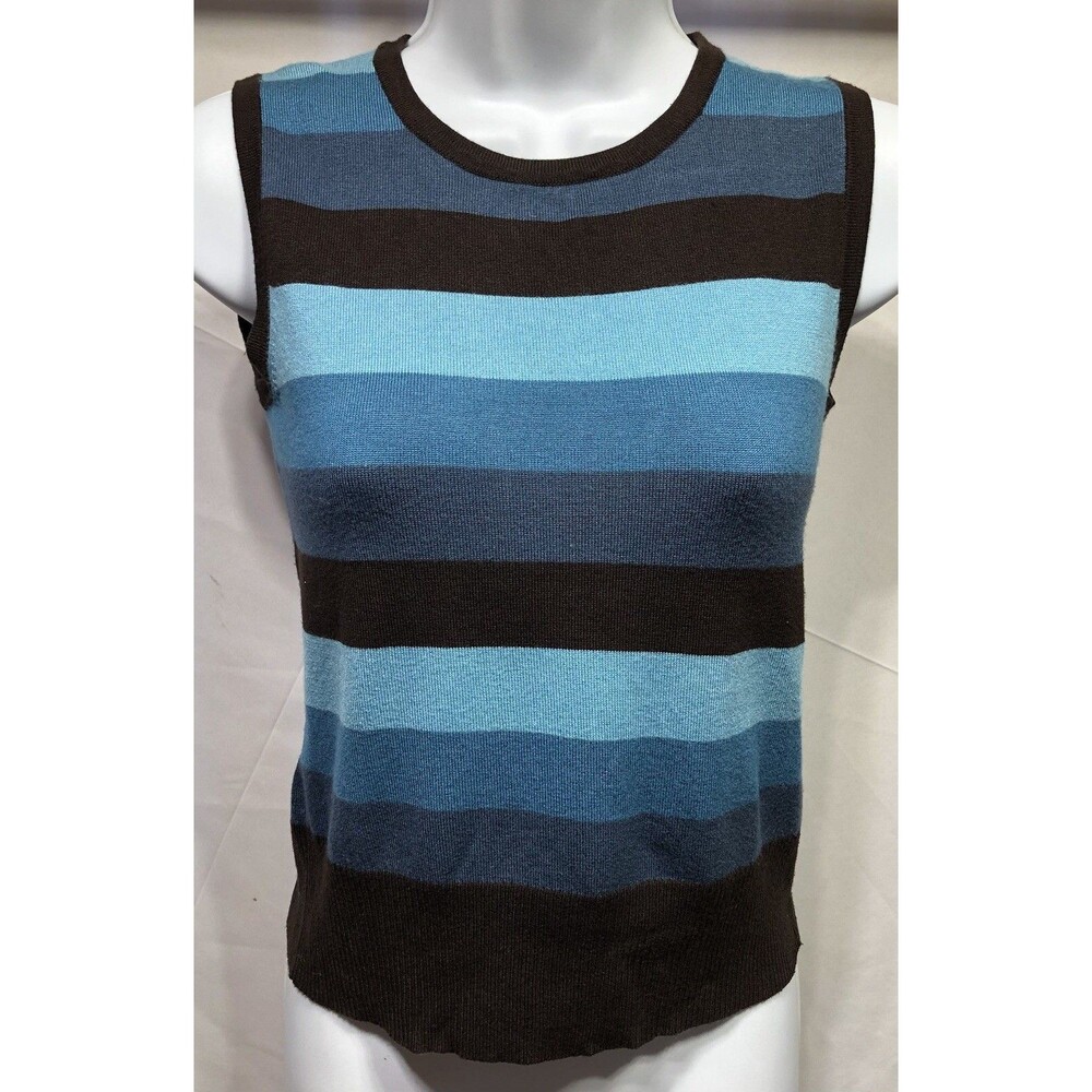 Vintage Petite Sophisticate Knit Tank Sweater P Blue Brown Stripe Sleeveless Y2K